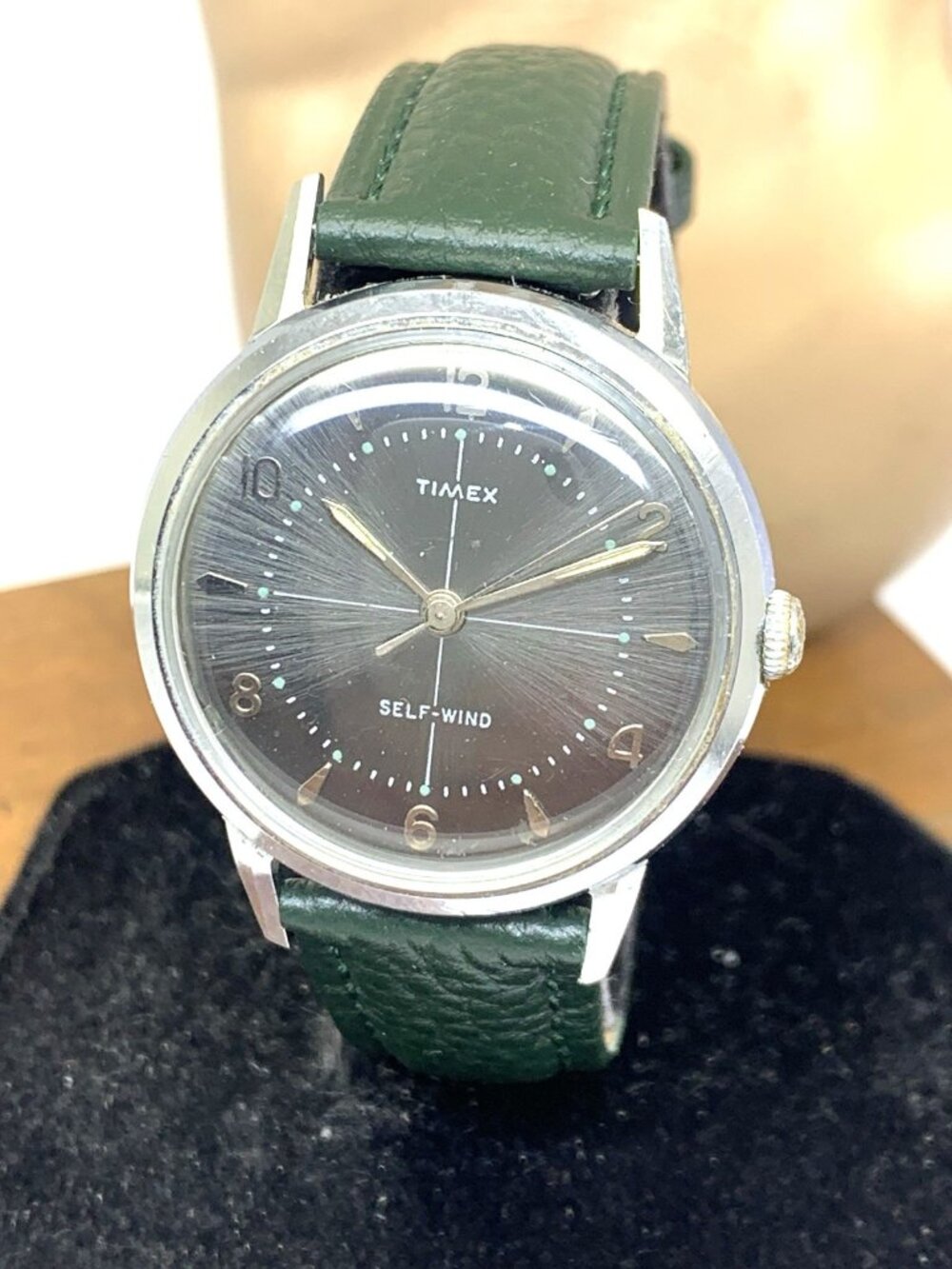 Timex Men's Watch Vintage Automatic Gray Dial Green Leather Strap 34mm